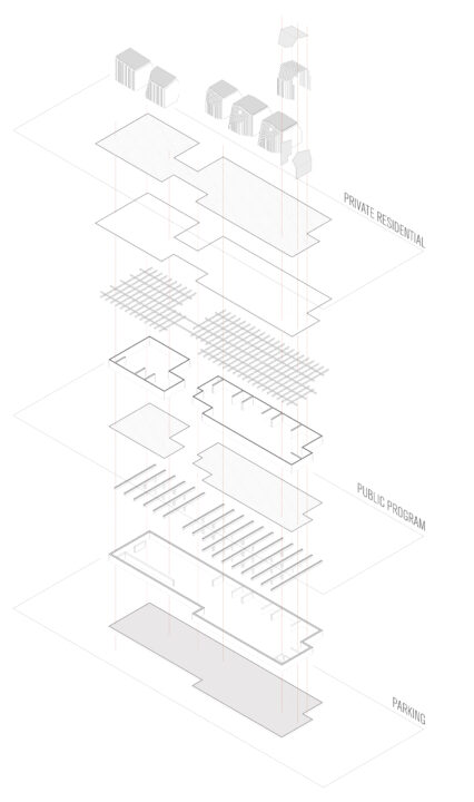 Axonometric diagram showing the public and private spaces of the student designed building