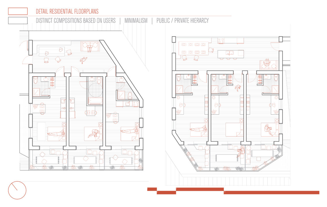 Detailed residential floor plans of the student designed buildings