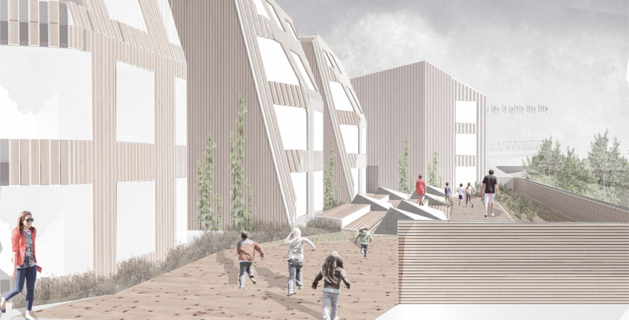 Exterior render of people outside behind a series of the student designed buildings