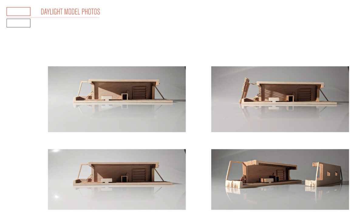 Photographs of a wooden model of the student designed building