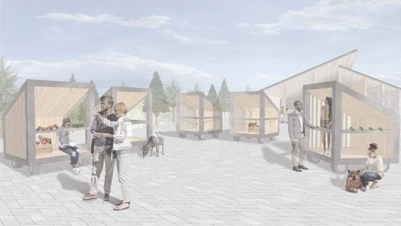 Exterior render of people walking and sitting around in small wooden shelters