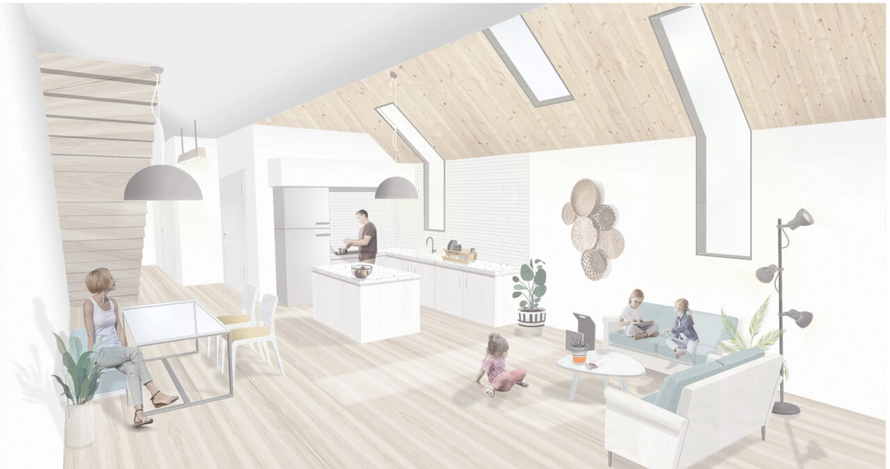 Interior render of a living and kitchen space in a small residential unit
