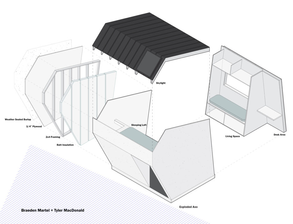 Exploded axonometric drawing of homeless shelter