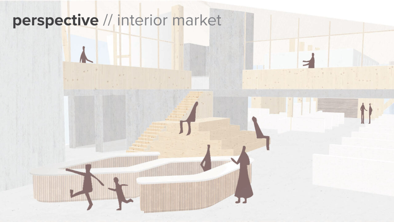 Interior render of the inside of a wooden market space