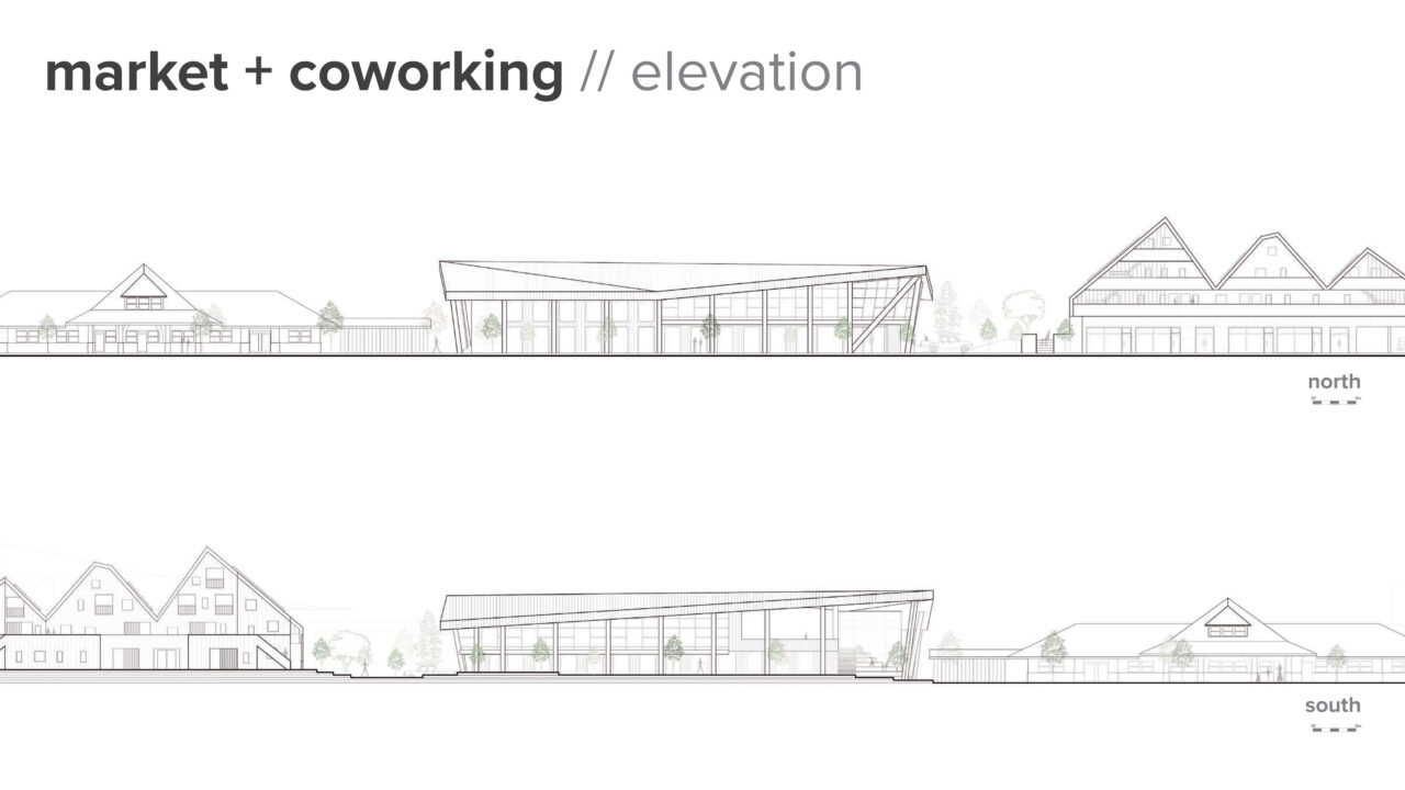 North and south elevations of the student designed buildings