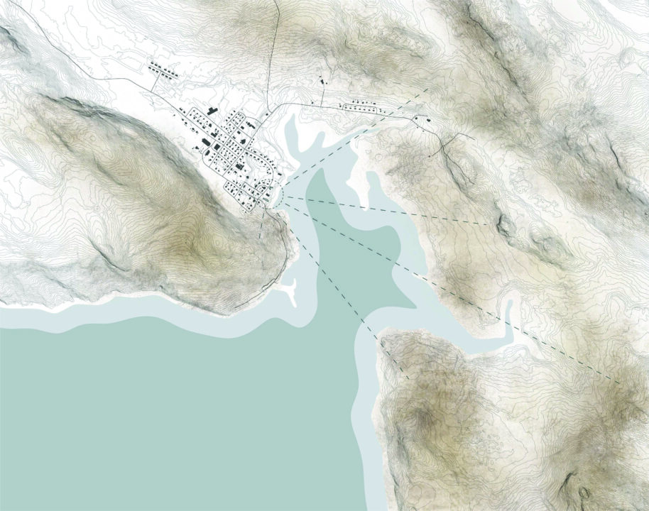 Context map showing a small community on the edge of a large body of water