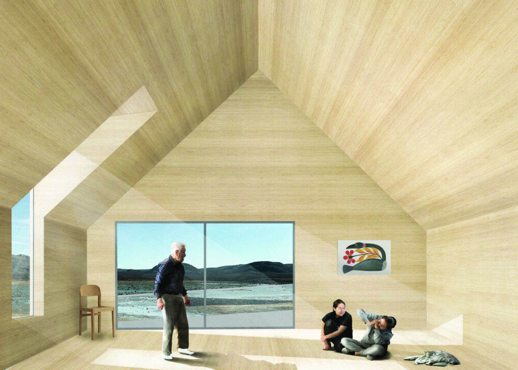 Interior render inside a wooden building with a large window shining light inside and on two figures sitting on the floor
