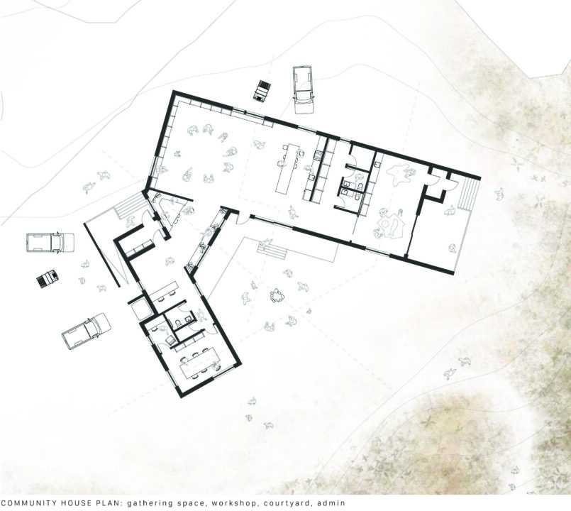 Floor plan of a gathering space, workshop, courtyard and admin area of a student designed building
