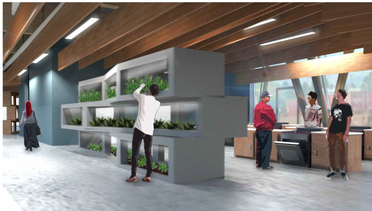 Interior render of people inside an open space with greenery