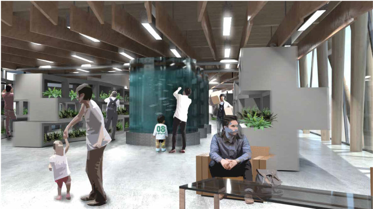 Interior render of people gathering inside an open space with vegetation
