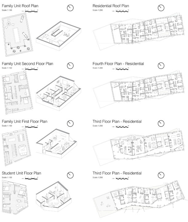 Residential floor plans and diagrams of a student designed multi story buildings