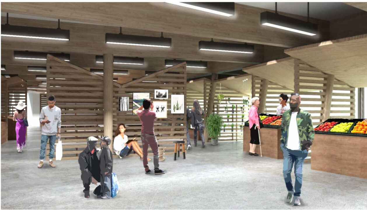 Interior render of people gathering in a wooden market space