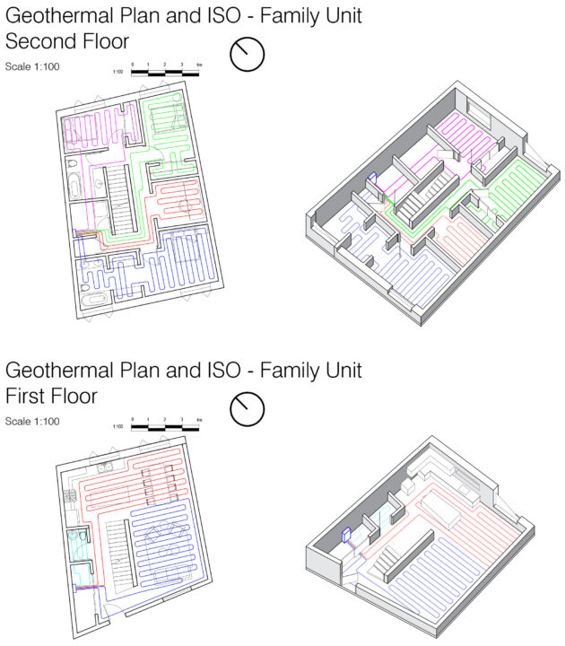 Geothermal plan and isometric drawings of residential units