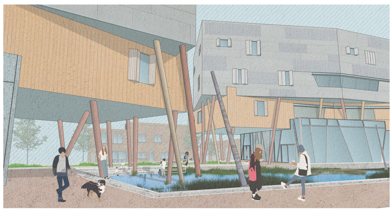 Exterior render of people outside a student designed multi story buildings