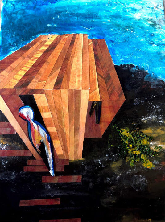 Abstract collage image of a figure outside a sauna