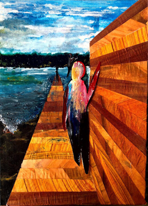 Abstract collage image of a figure outside a wooden sauna by a lake
