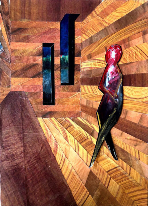 Collaged abstract image of a figure in a sauna