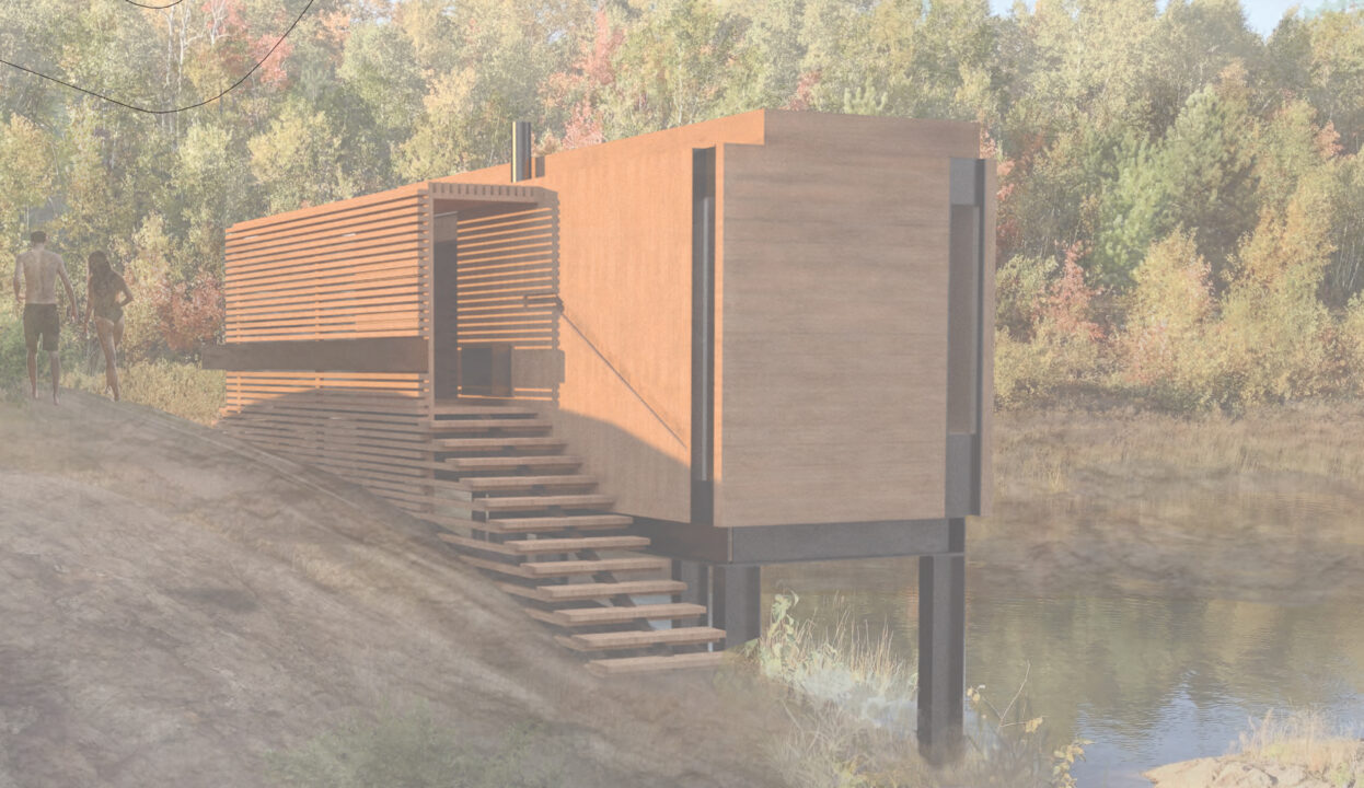 Exterior render of a wooden building sitting over a lake