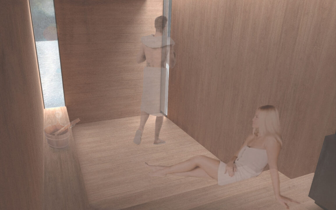 Interior render inside a wooden sauna with two figures