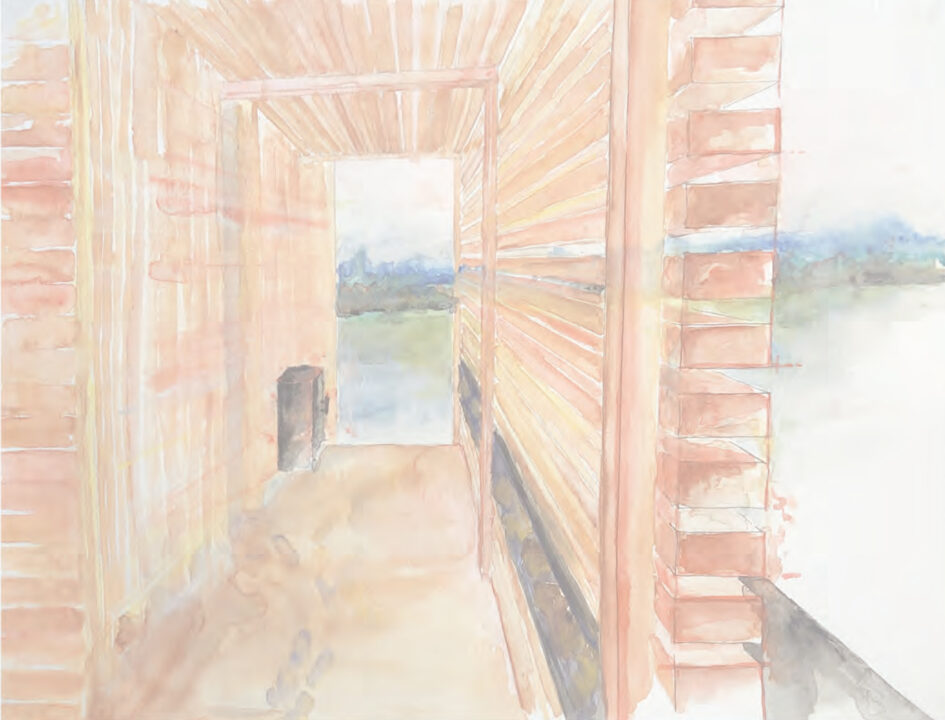 Hand painted interior render looking through an enclosed outdoor walkway to the forest beyond