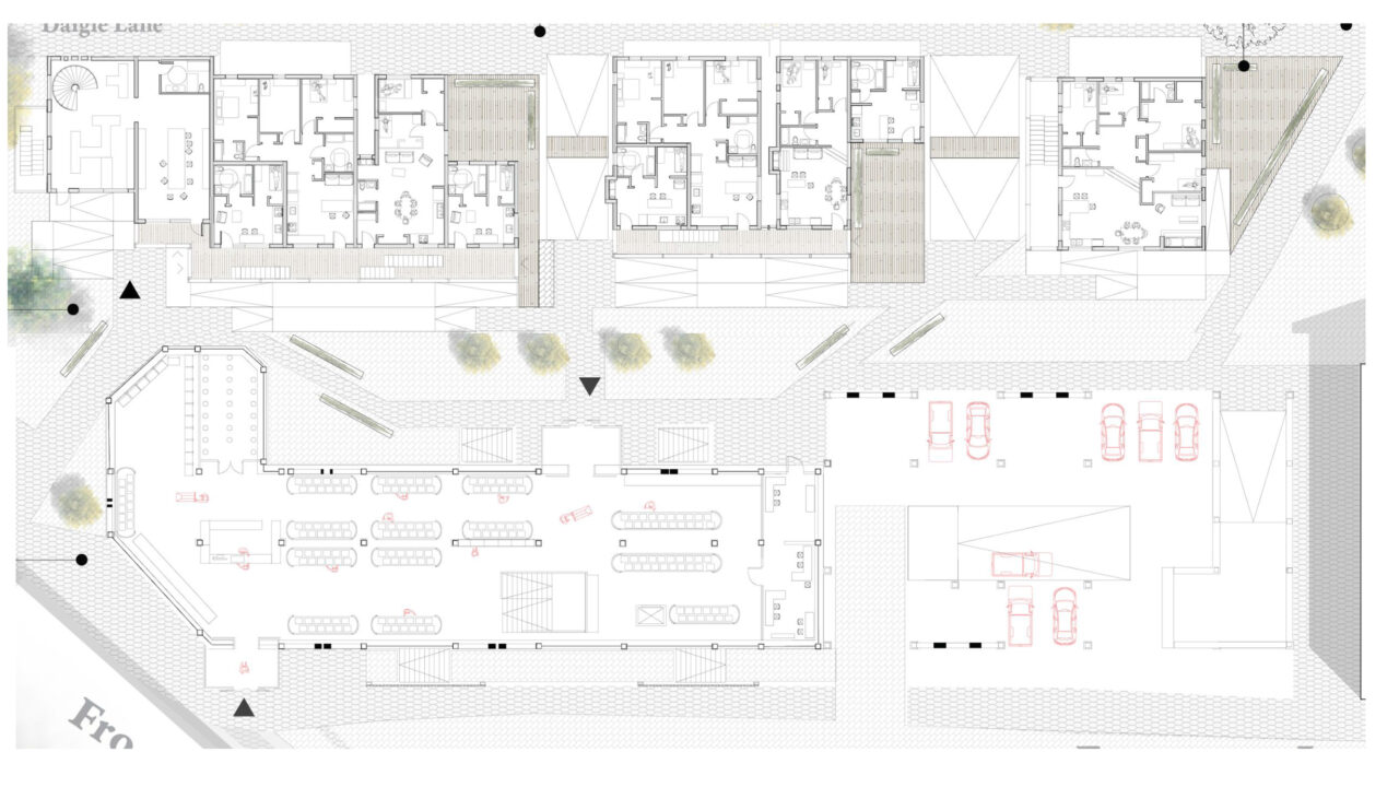 Floor plans showing the surrounding site context designed by students