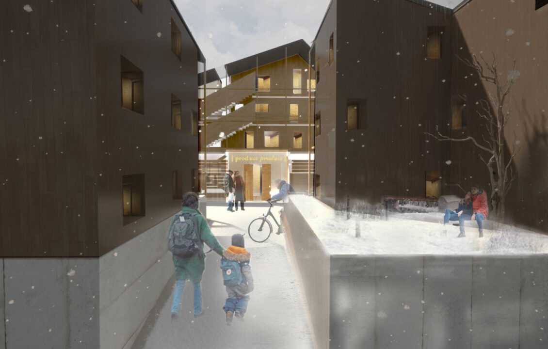 Exterior render between two building, showing people walking and engaging in the winter time