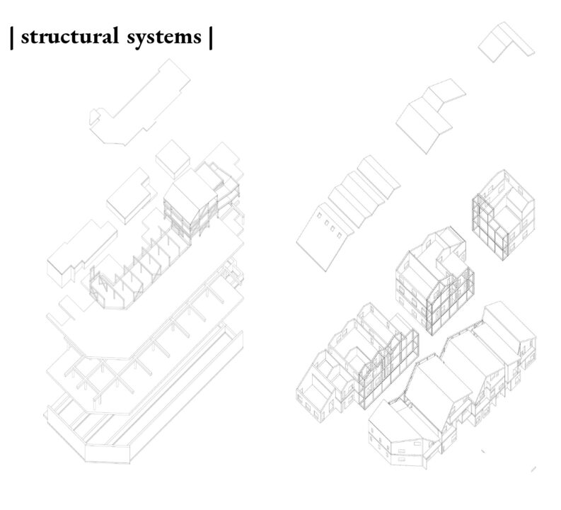 Axonometric drawings showing the structure of the buildings designed by students