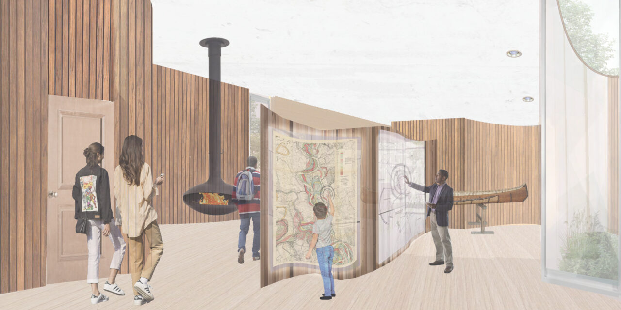 Interior render of a people walking through a wooden room containing maps and drawings
