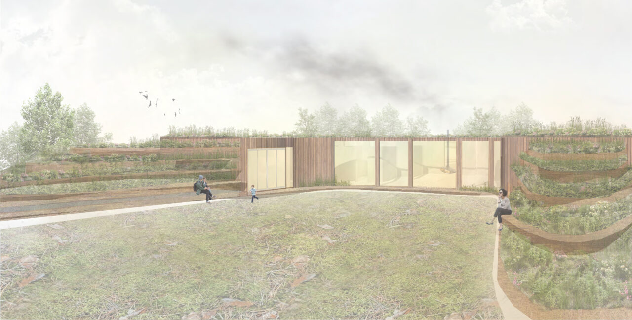 Exterior render of people in an outdoor gathering space to the back of a student designed building