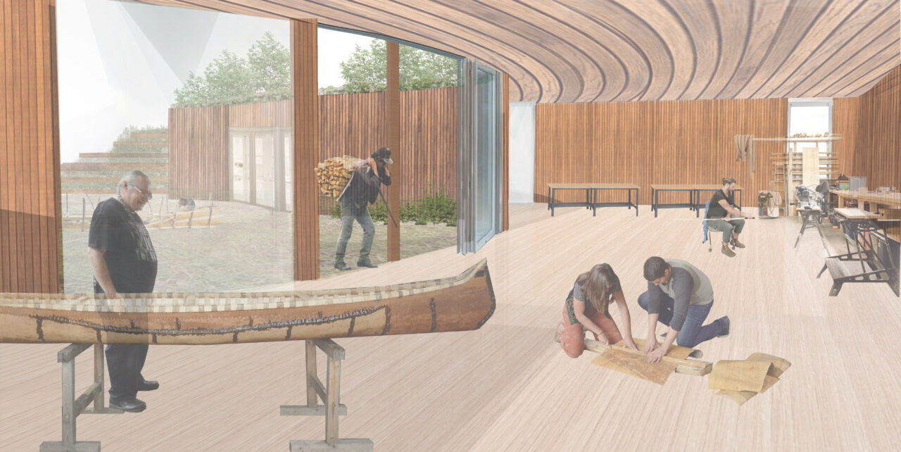 Interior render of people building a canoe inside a curved wooden room