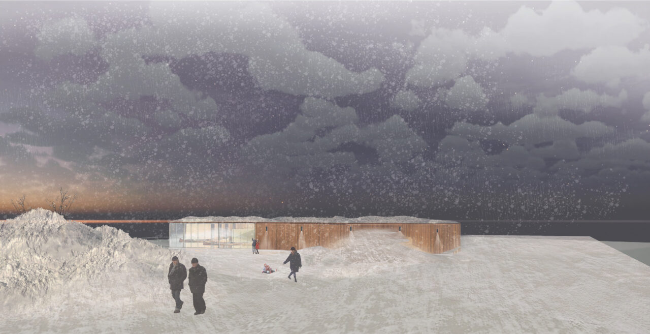 Exterior render in the winter of figures outside a student designed wooden and glass building