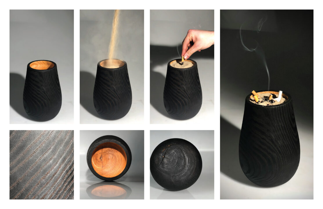 Multiple photographs showing different angles of a dark wood, cup shaped ash tray