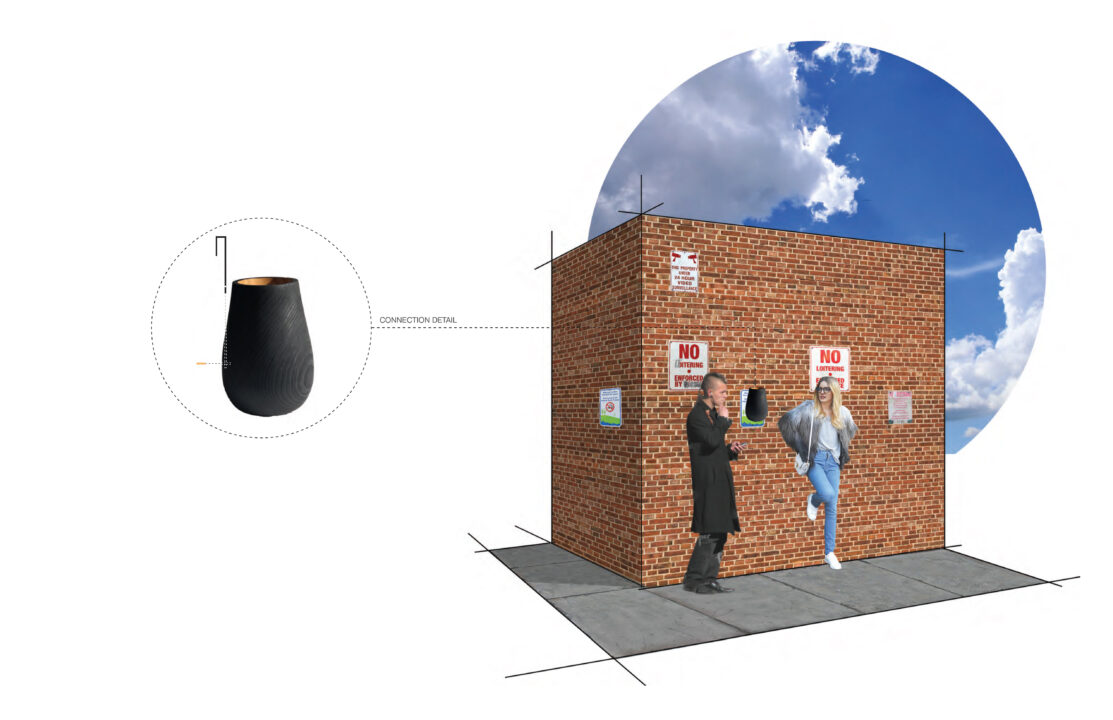 Exterior perspective of the ash tray object in use on the side of a building with two figures