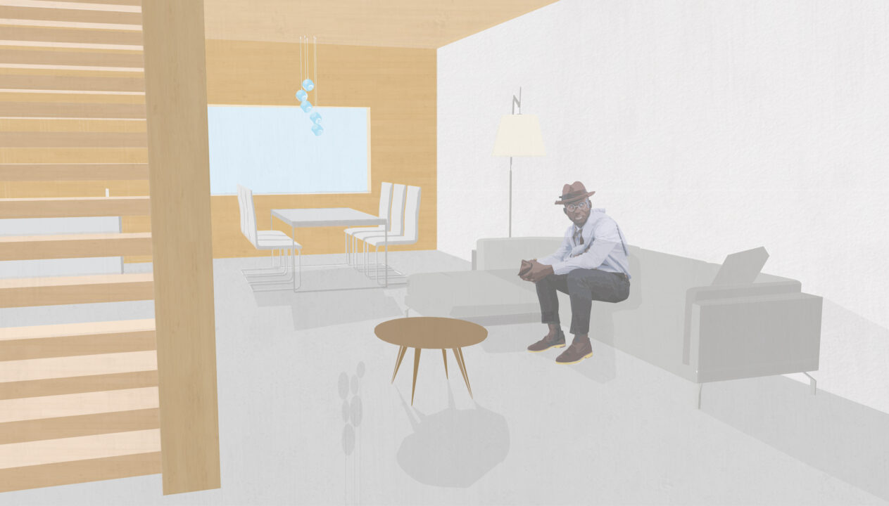 Interior render of a living room space with a figure sitting on a couch