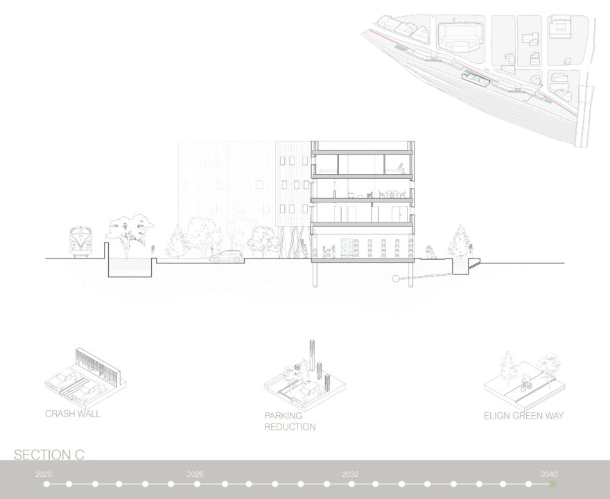 Poster with a section and site diagrams of student designed buildings
