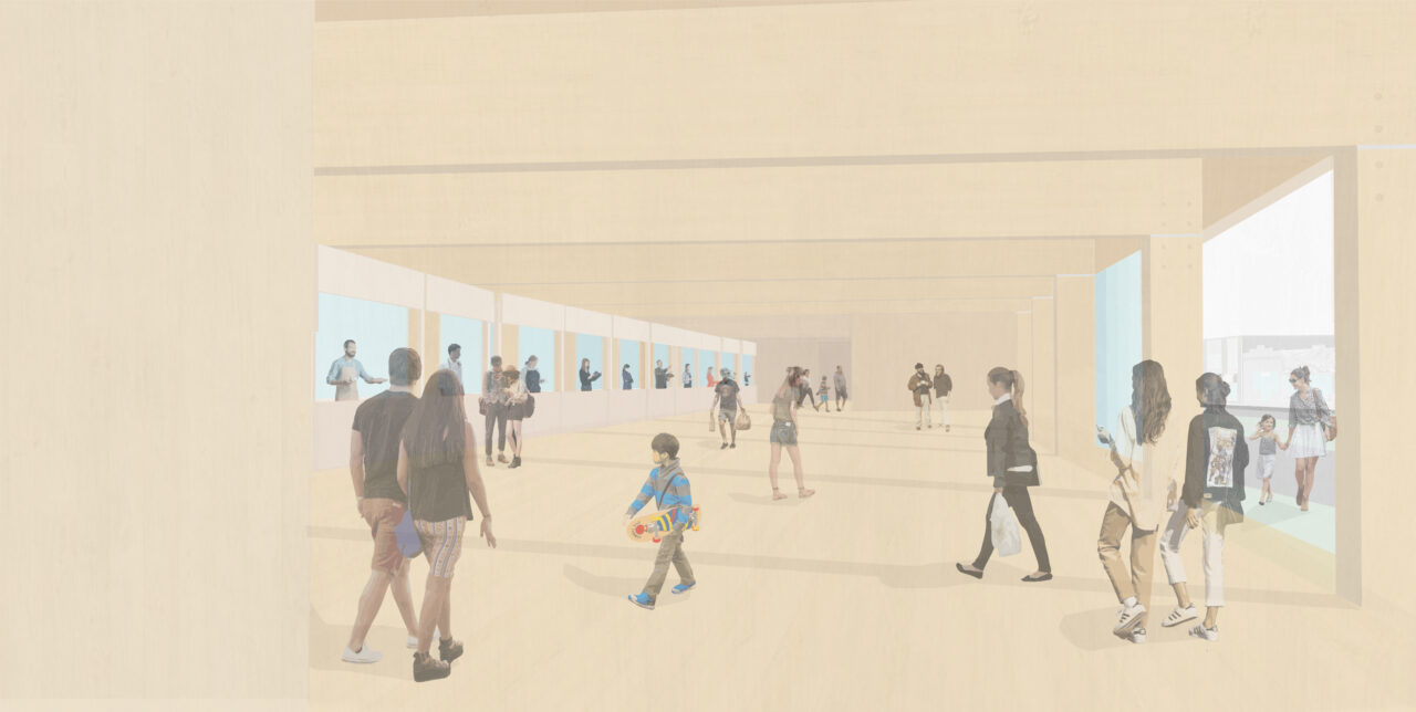 Interior render of people walking through a wooden market space