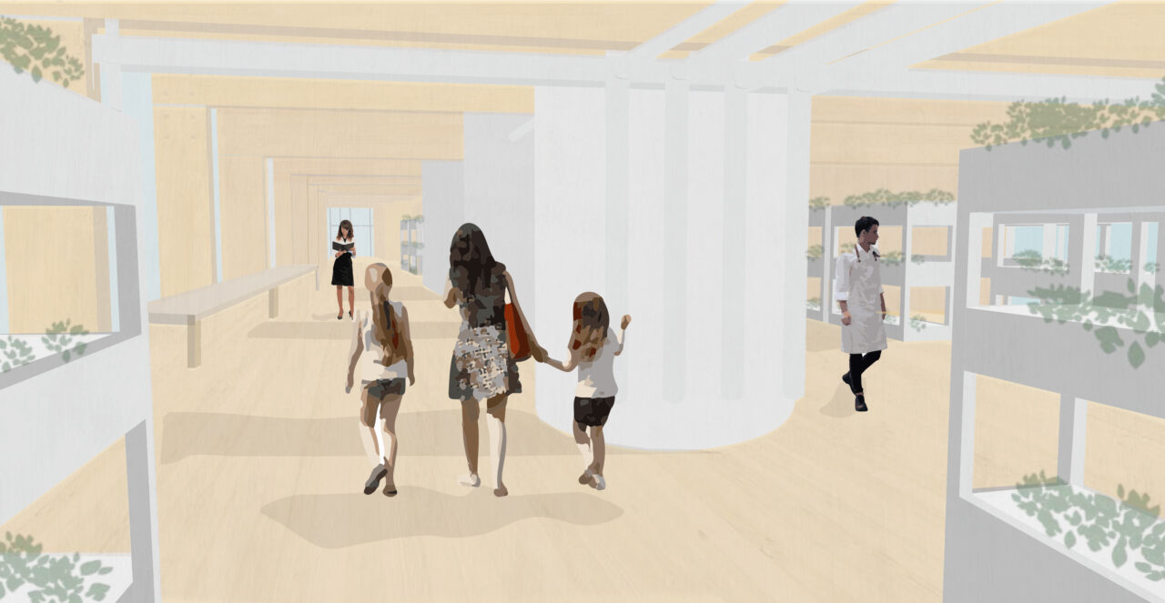 Interior render of people walking through a wooden room filled with plants