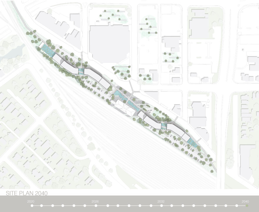Urban site plan of student designed buildings showing future conditions