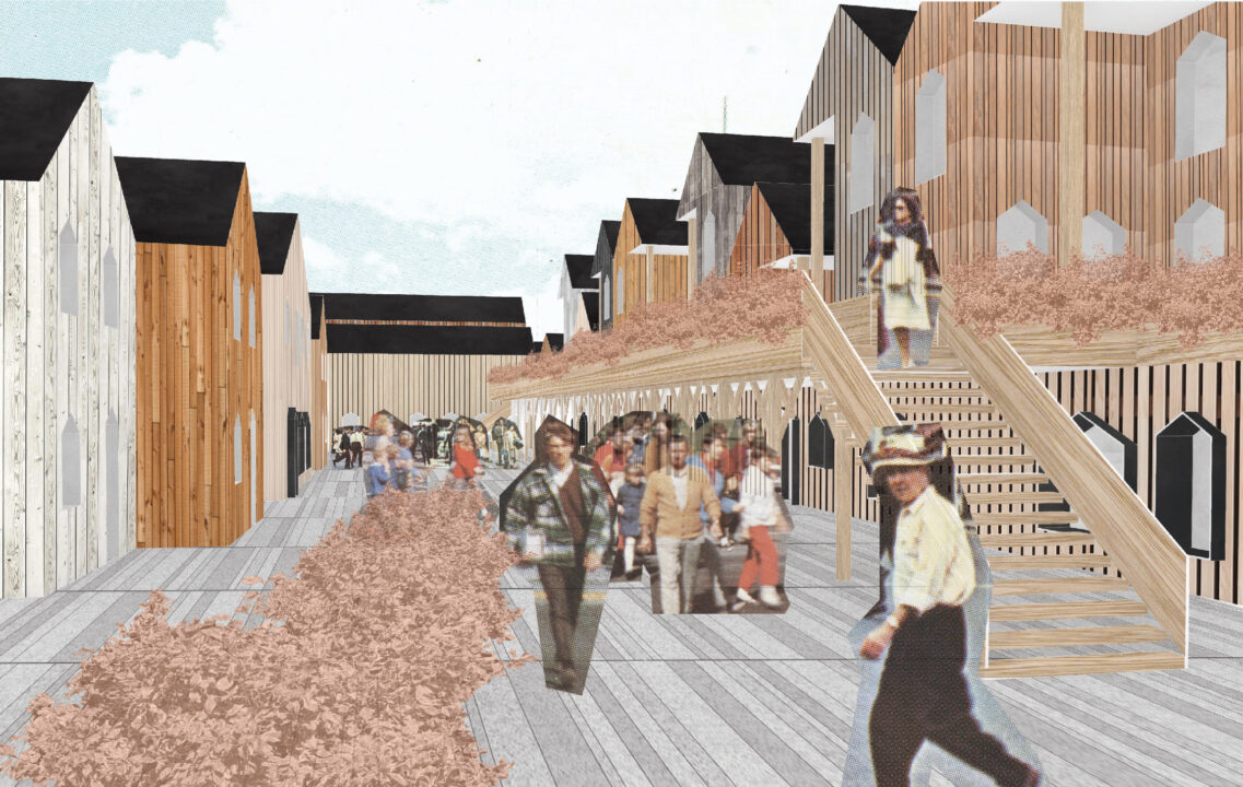 Exterior render of people outside a series of the student designed buildings