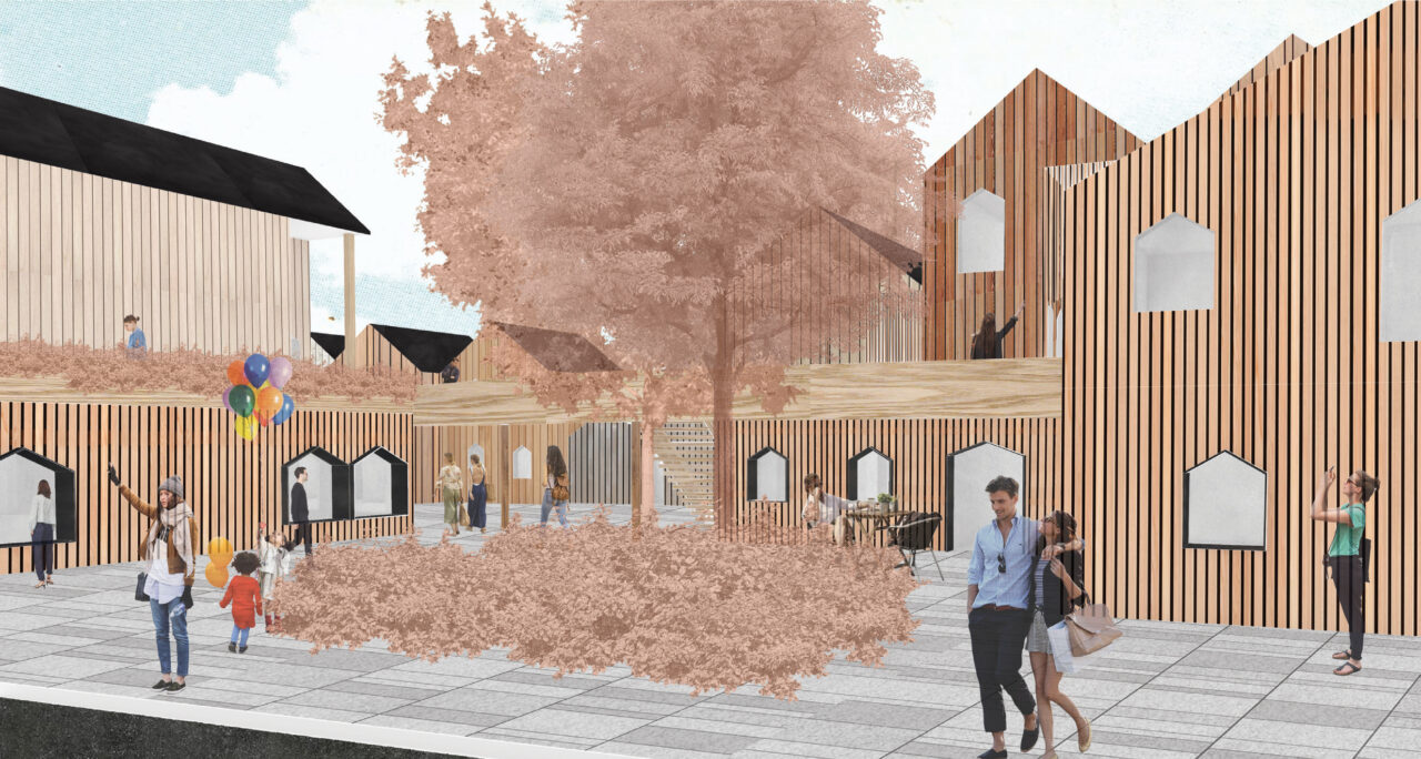Exterior render of people in a courtyard behind a series of the student designed buildings
