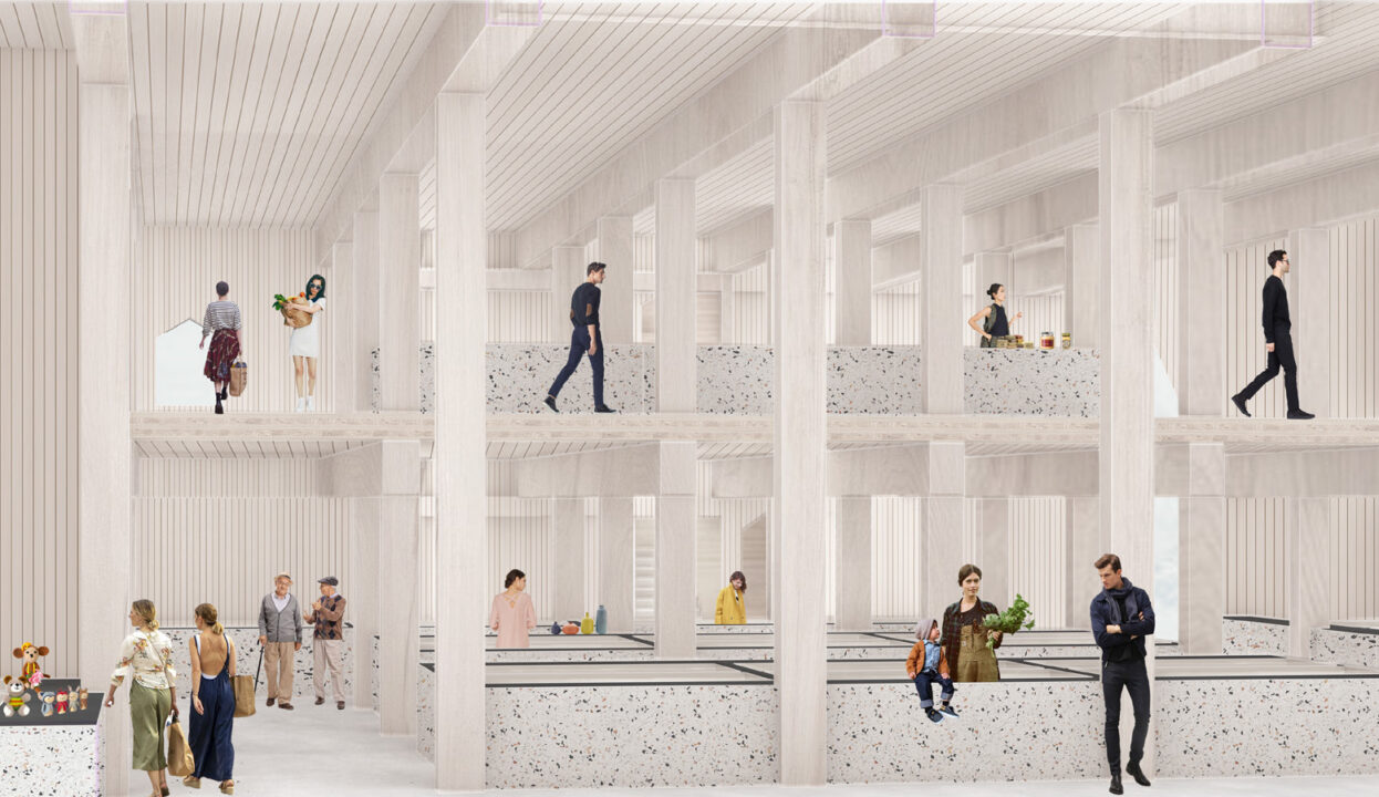 Interior render inside a market space with people mingling