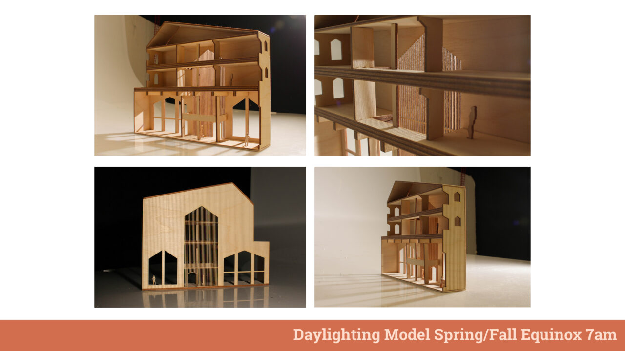 Photographs of a wooden day lighting model of the student designed buildings