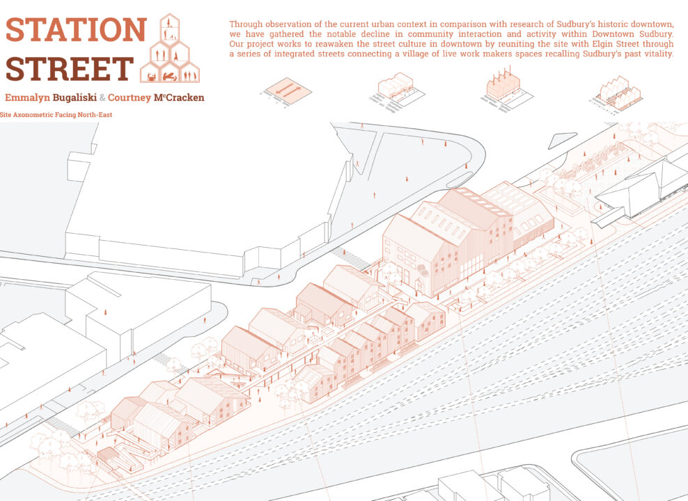 Poster with text and an axonometric site drawing of a student designed multi story buildings