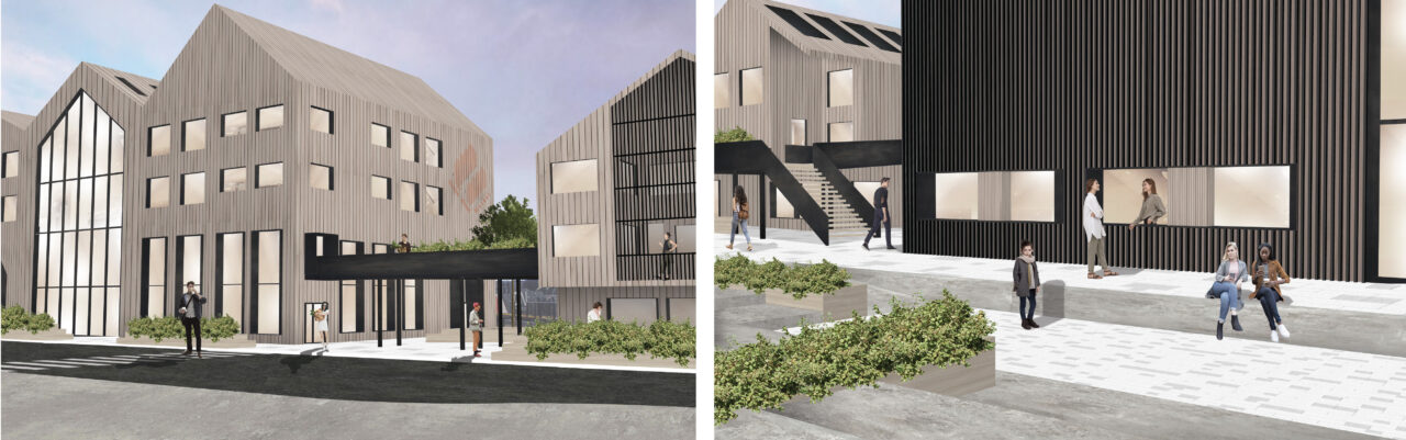Two exterior renders of a student designed multi story buildings