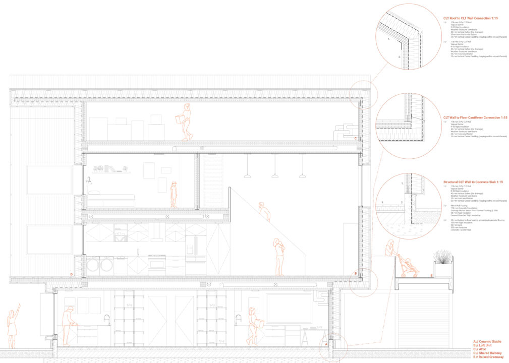Detailed section with construction diagrams of a student designed multi story building