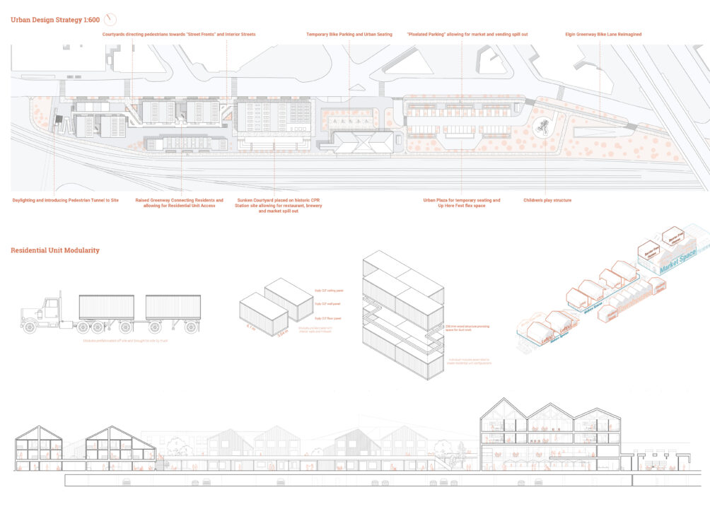 Poster with a site plan, section and diagrams of a student designed multi story buildings