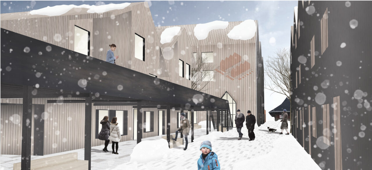 Exterior render of people walking between two student designed buildings in the winter