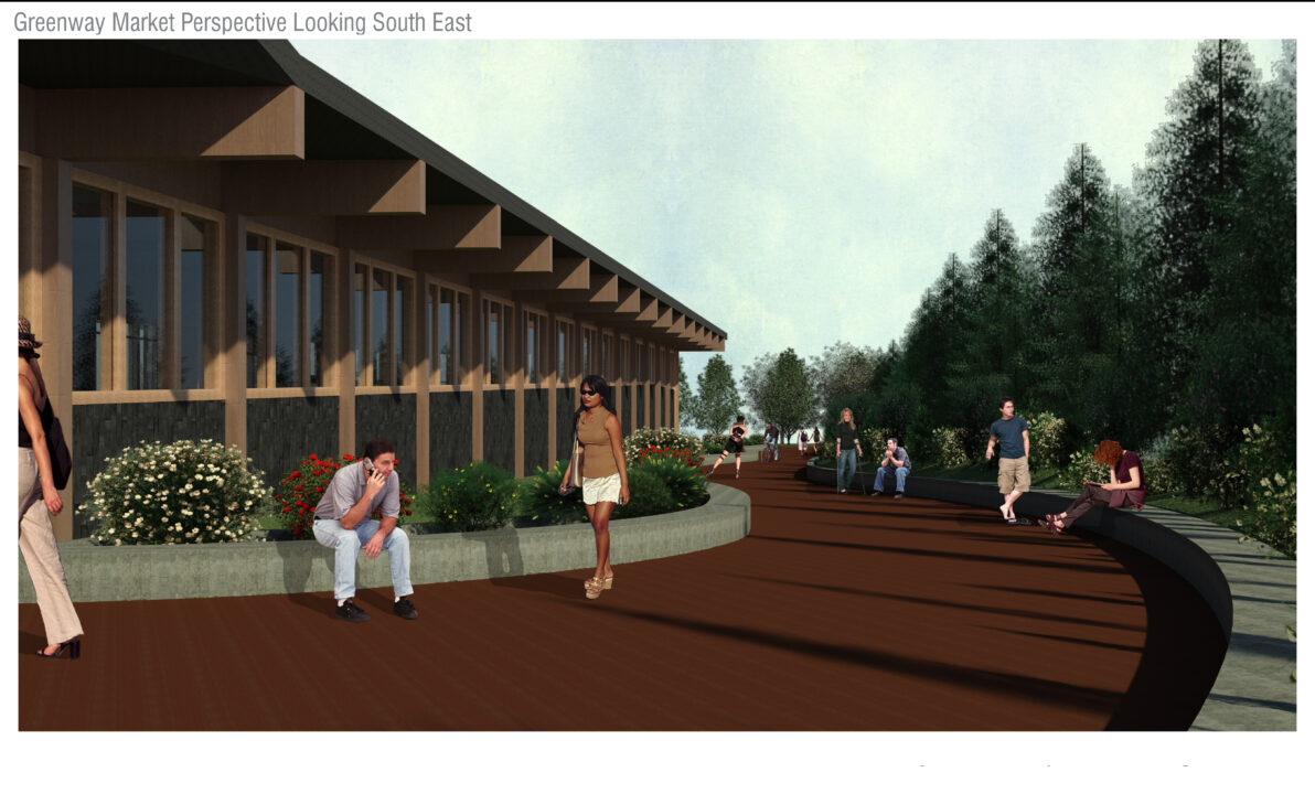 Exterior render of people walking along an outdoor path next to a student designed multi story building