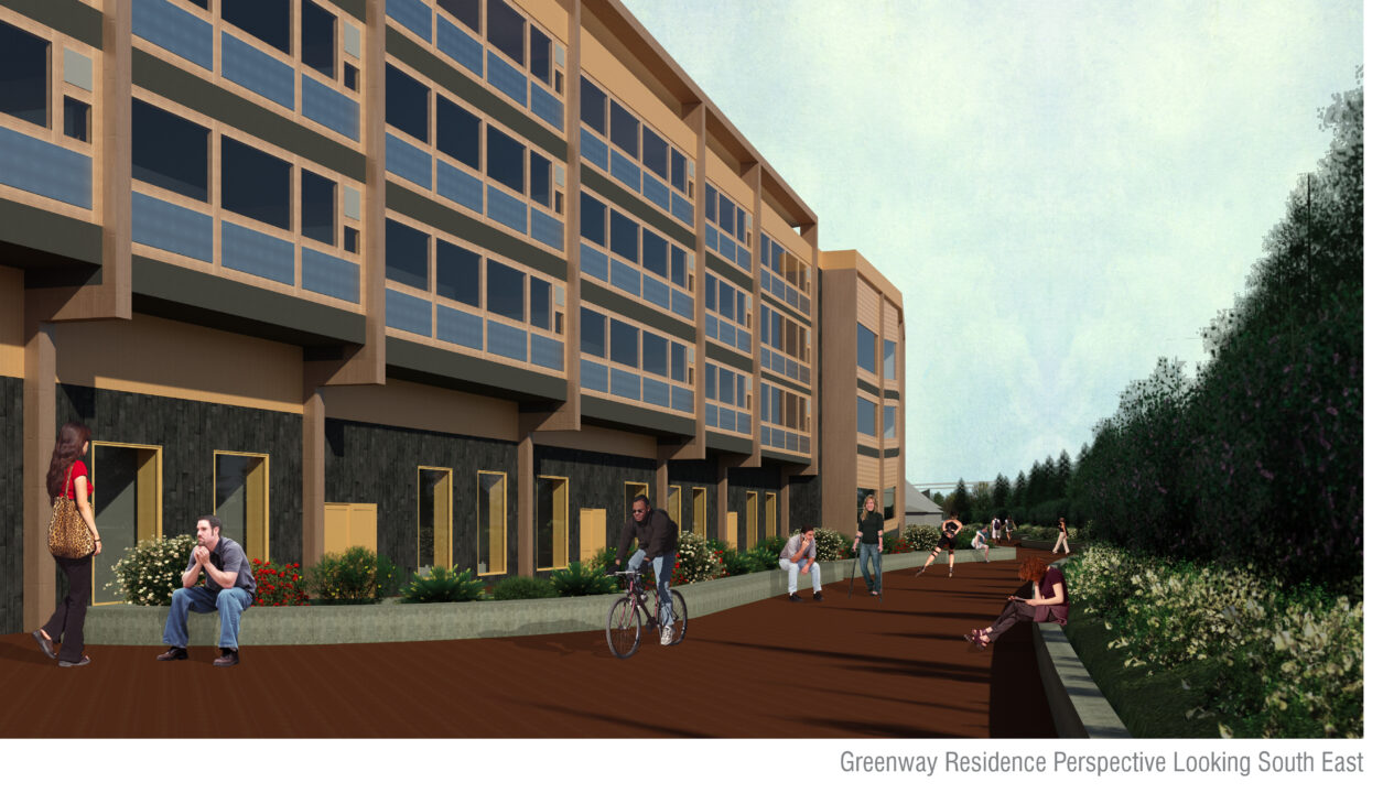 Exterior render of people along a pathway next to a student designed building