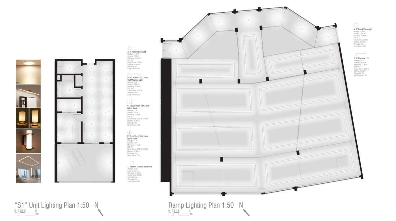 Floor plans showing lighting strategies of a student designed multi story buildings